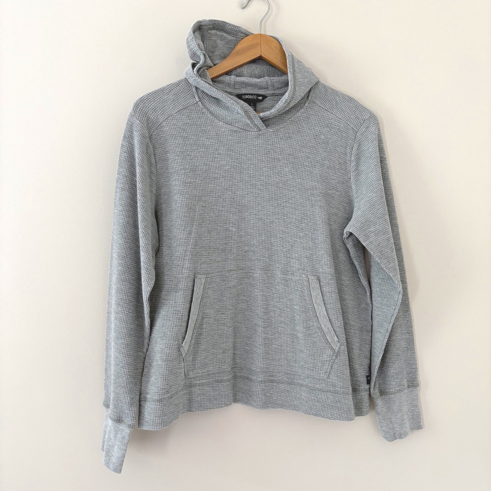 Toad&Co Hoodie Waffle Knit Pullover Large Grey Thermal Organic Cotton Kangaroo